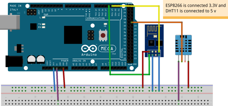 Arduino Mega, ESP8266 and DHT11 Pin Diagram