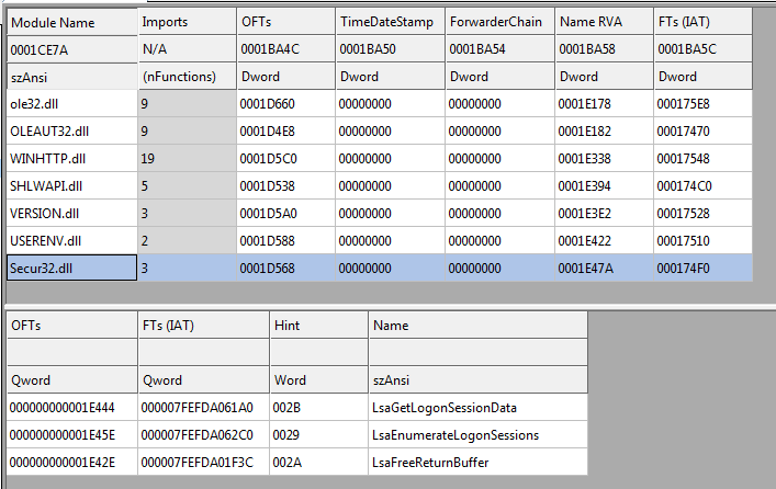 Unpacked binary Import Section