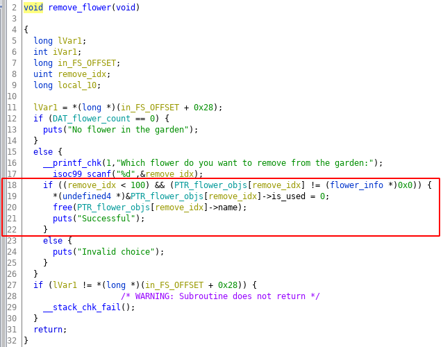 Vulnerable code in Remove the flower function