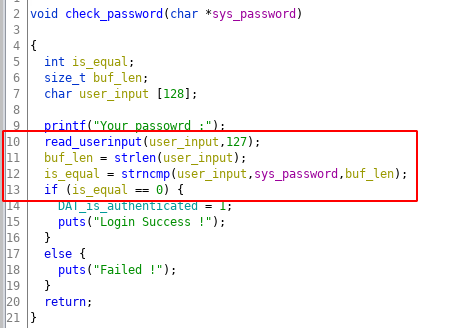 Vulnerable Auth function - check_password function